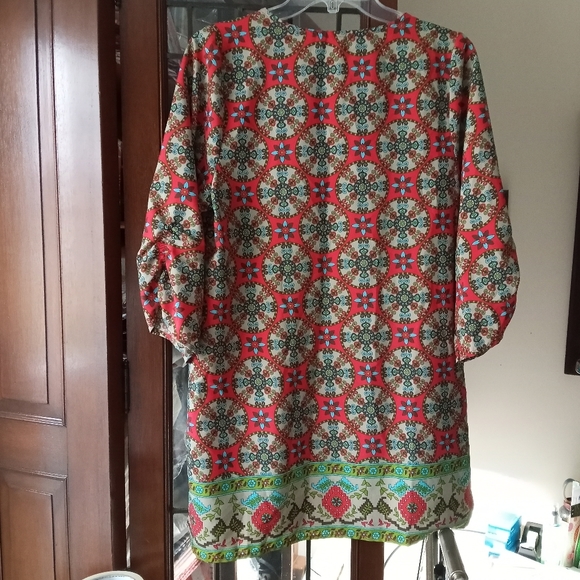 MLW bohemian Neck Tie Vintage Printed Coverup Shift Dress Tunic sz M - Picture 4 of 7